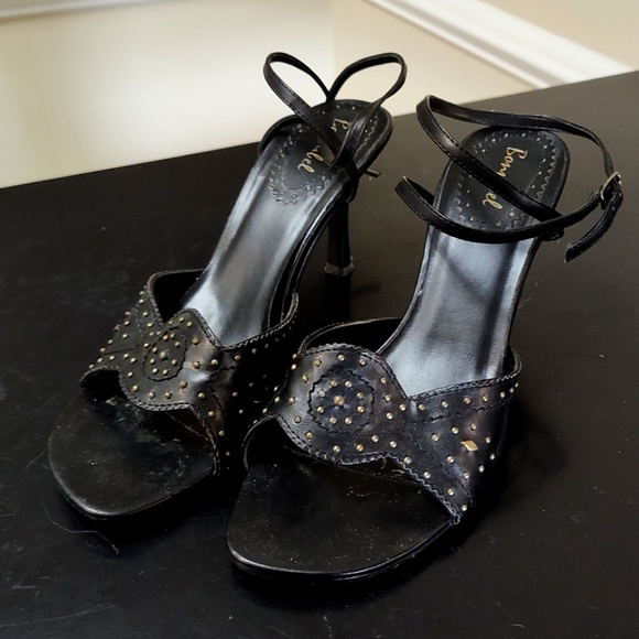 Bonnibel Shoes - Bonnibel black studded heeled leather sandals with wrap around ankle strap.